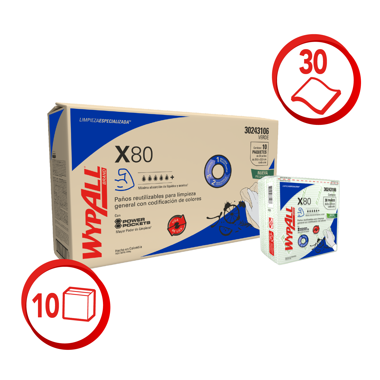 WYPALL® PAÑOS DE LIMPIEZA X80 COLOR VERDE DOBLADOS CON POWER POCKETS