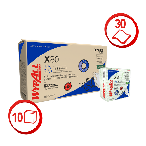 WYPALL® PAÑOS DE LIMPIEZA X80 COLOR VERDE DOBLADOS CON POWER POCKETS
