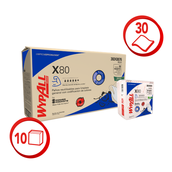 WYPALL® PAÑOS DE LIMPIEZA X80 COLOR ROJO DOBLADOS CON POWER POCKETS (Copia)