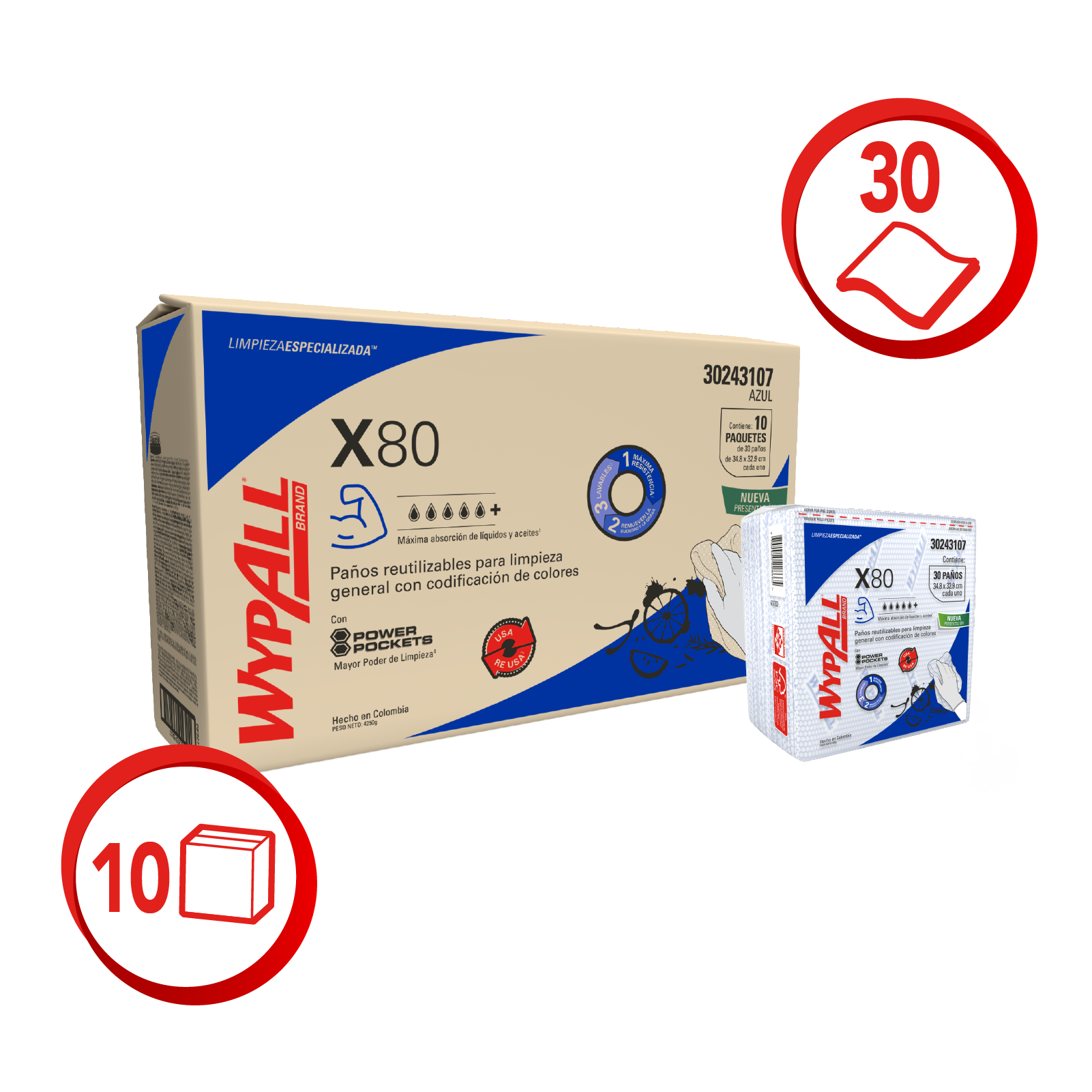 WYPALL® PAÑOS DE LIMPIEZA X80 COLOR AZUL DOBLADOS CON POWER POCKETS