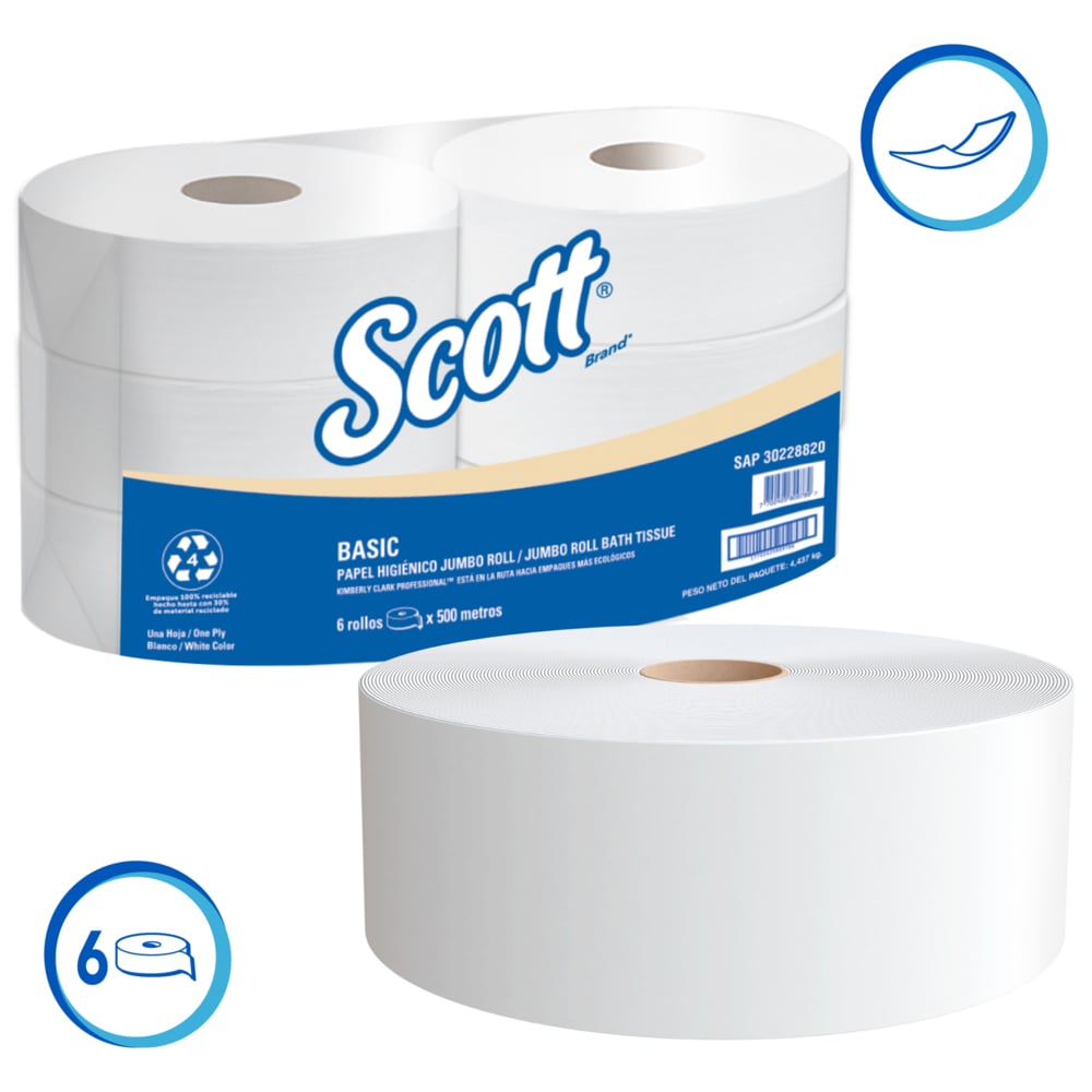 SCOTT® BASIC PAPEL HIGIÉNICO EN ROLLO HOJA SENCILLA - 500M/ROLLO, 6 ROLLOS