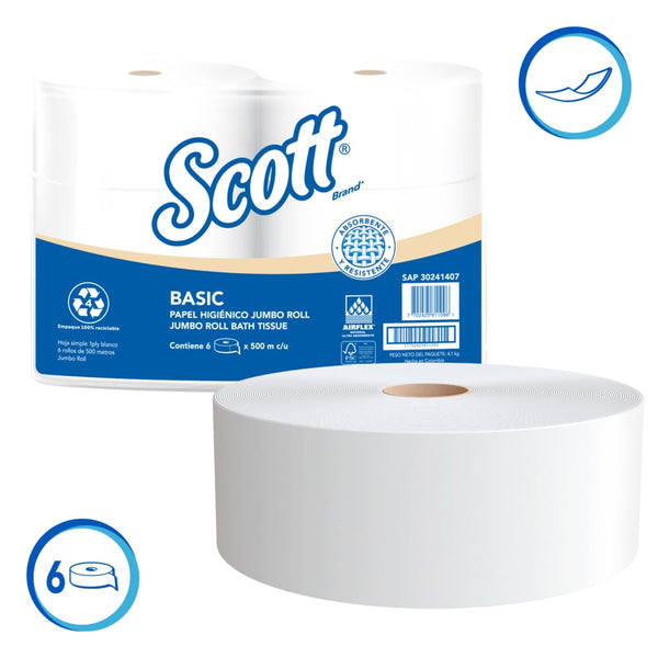 SCOTT® BASIC PAPEL HIGIÉNICO EN ROLLO ECONÓMICO, HOJA SENCILLA - 500M/ROLLO, 6 ROLLOS